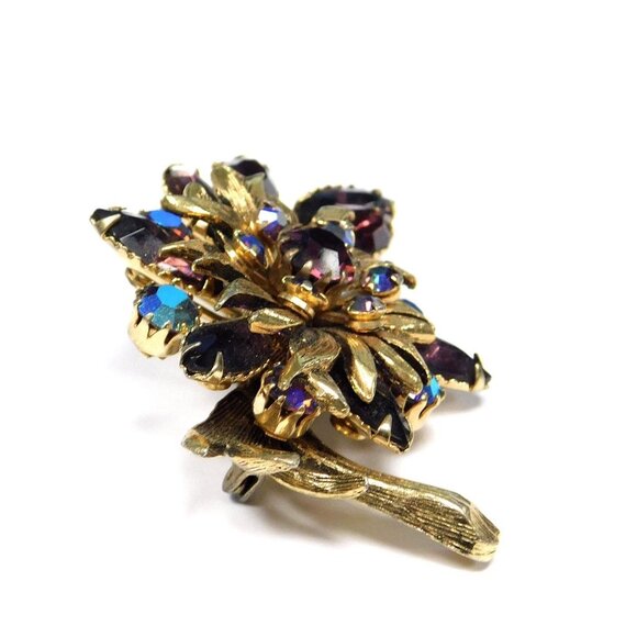 Vintage Signed SELINI Rhinestone Brooch Goldtone Garnet & Aurora Borealis Stones - Picture 4 of 7